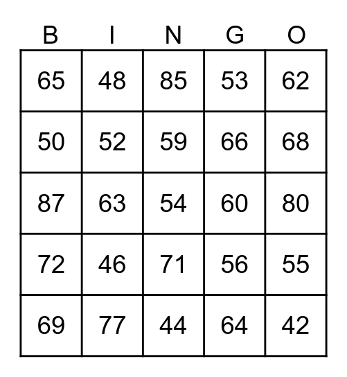 NUMBERS BINGO Card