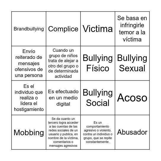 Bingo Bullying Bingo Card