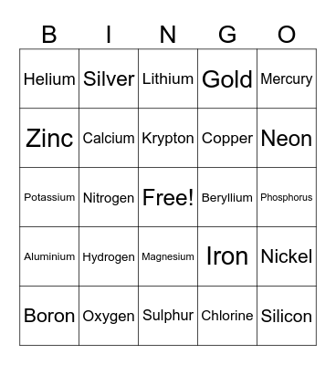 Periodic Table Bingo Card