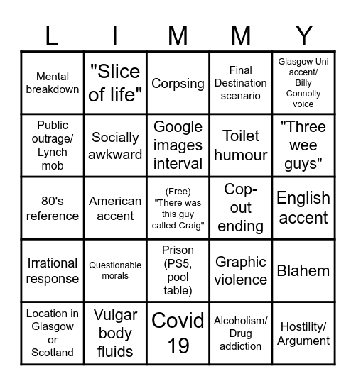 Limmy Improv bingo Card