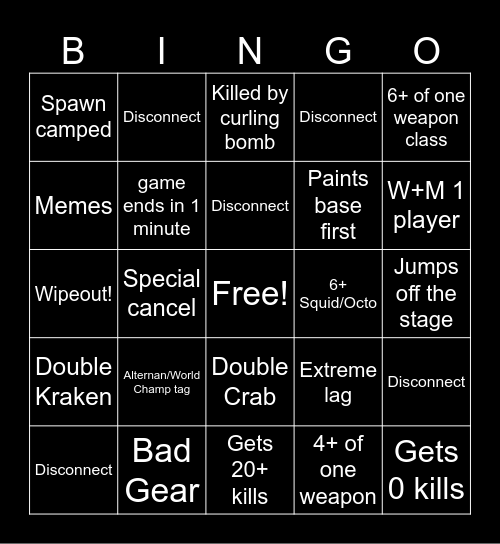 Splatoon 3 Solo Queue Bingo Card