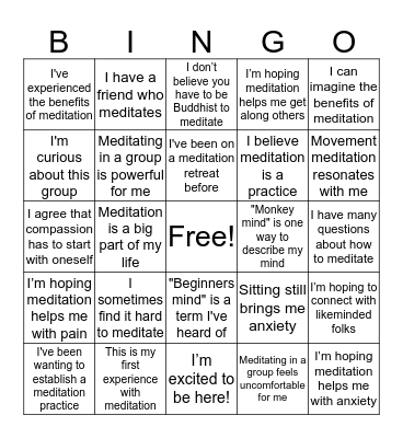 Meditation Open House - meet & greet Bingo Card