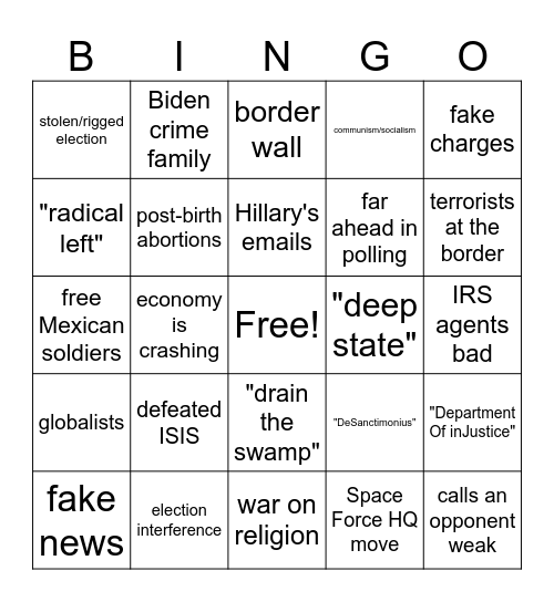 Republican Debate Talking Points Bingo Card