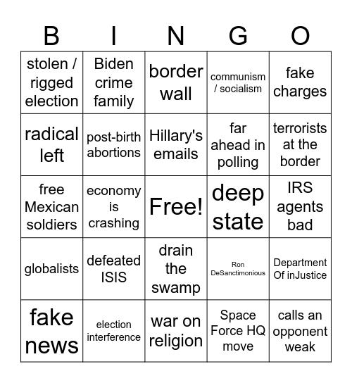 Republican Debate Talking Points Bingo Card