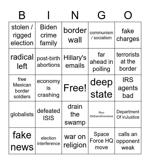 Republican Debate Talking Points Bingo Card