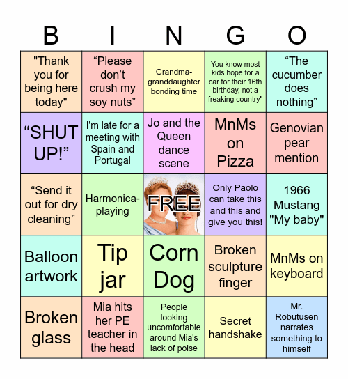 Princess Diaries Bingo Card