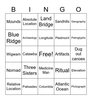 Native American and Geography Bingo Card