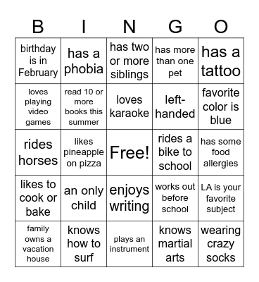 Getting to Know You Bingo Card