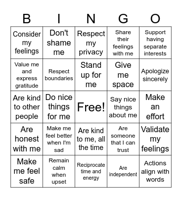 Green Flag Behaviors Bingo Card