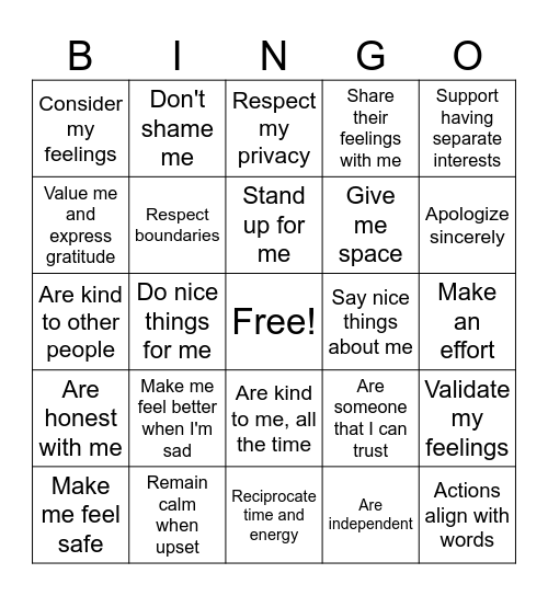 Green Flag Behaviors Bingo Card