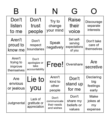Red Flag Behaviors Bingo Card