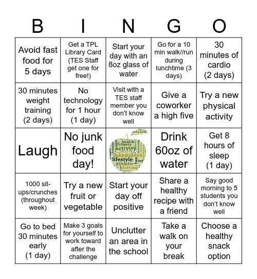 Wellness Bingo - Week 11&12 Whole Health Challenge Bingo Card