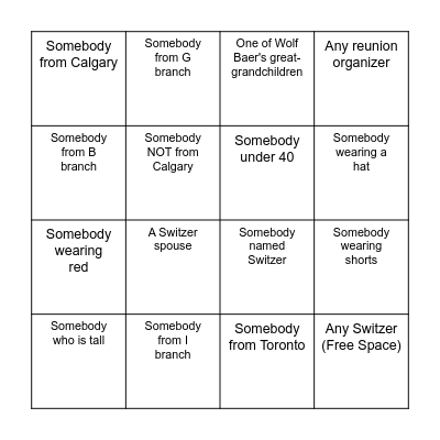 Switzer Family Mixer Bingo Card