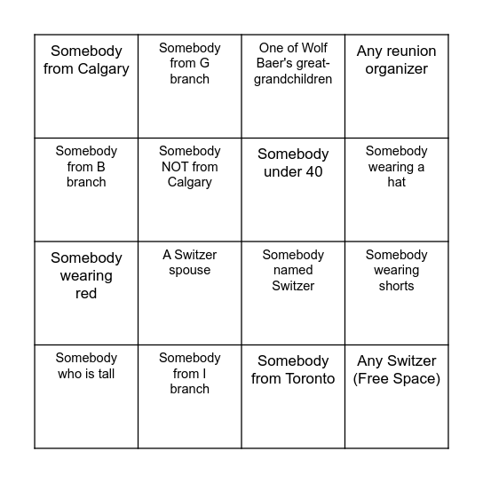 Switzer Family Mixer Bingo Card