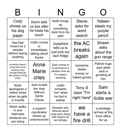 Miranda's Birthday Bingo Card