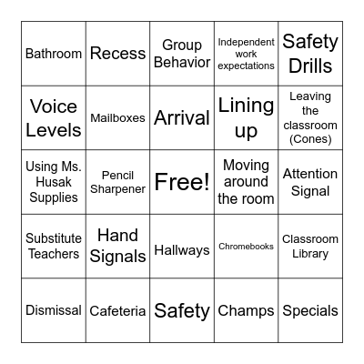 Back to School Bingo Card