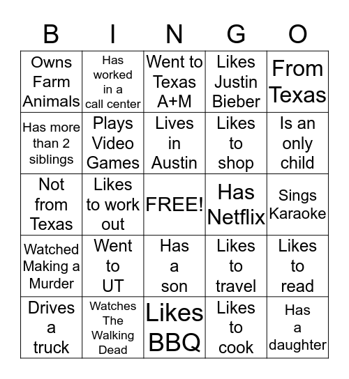 Get to know each other! Bingo Card