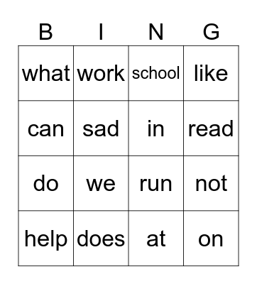 Vocabulary B & C' Bingo Card