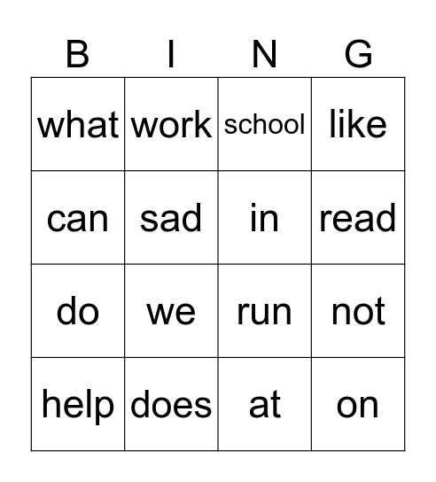 Vocabulary B & C' Bingo Card