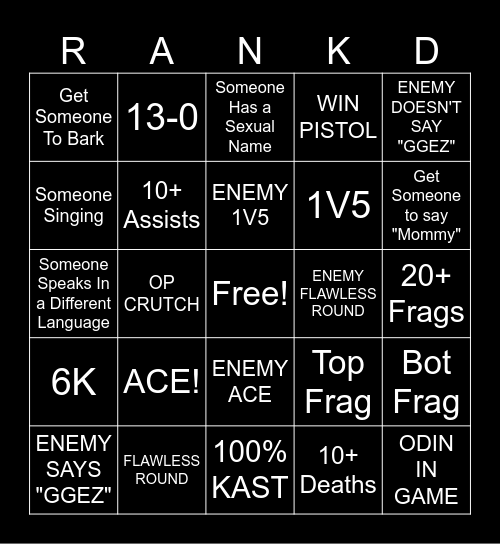 VALORANT Ranked Bingo Card