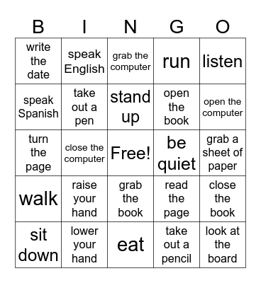 Classroom Commands Spanish 1 Bingo Card