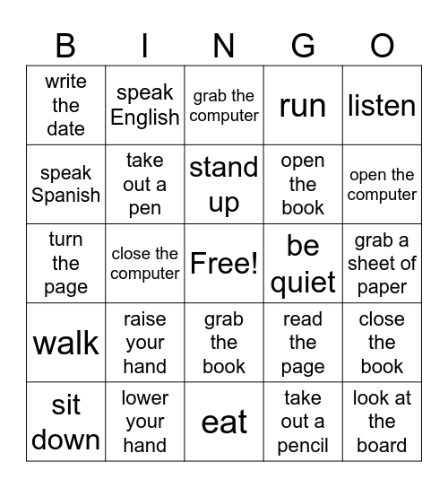 Classroom Commands Spanish 1 Bingo Card