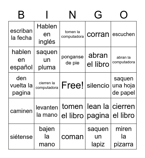 Classroom Commands 2 Spanish Bingo Card