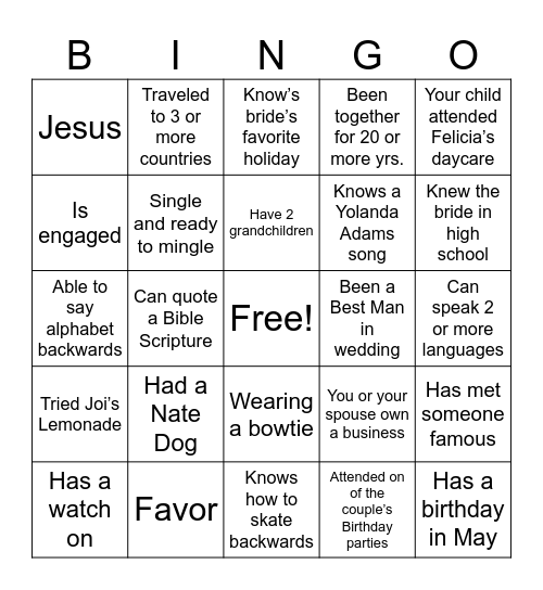Felicia and Tyrone Bingo Card