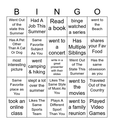 All About you! write classmates name in box Bingo Card