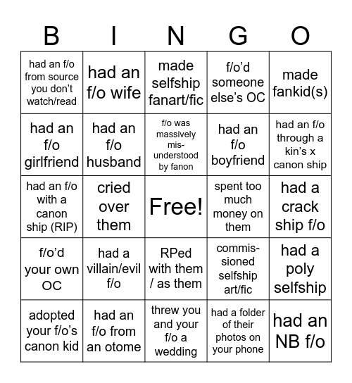 Romantic F/O Bingo Card