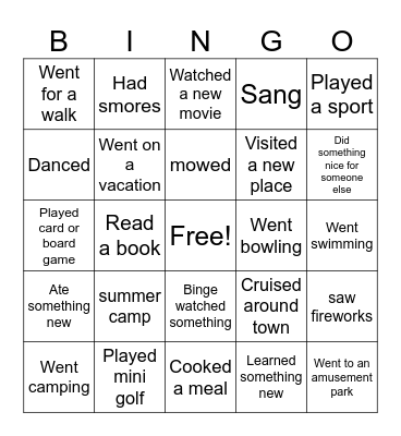 Summer Break Bingo Card