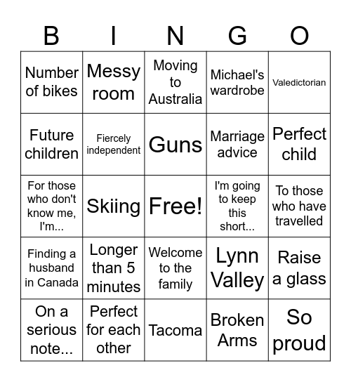 Michael and Mel's Wedding Speech Bingo Card