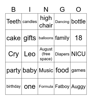 1st Birthday Bingo Card