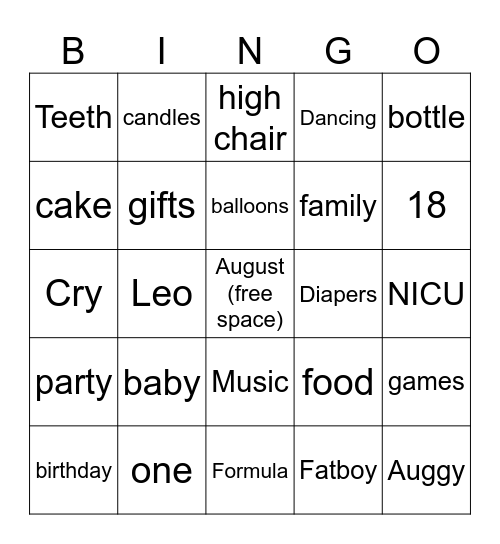 1st Birthday Bingo Card