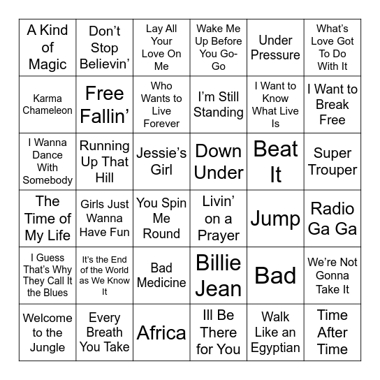 80's Music BINGO Card