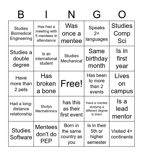 Find Mentor who... Bingo Card