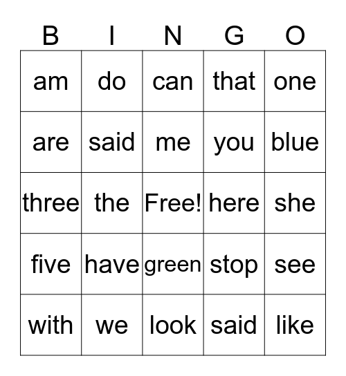 Sight Word Bingo Card