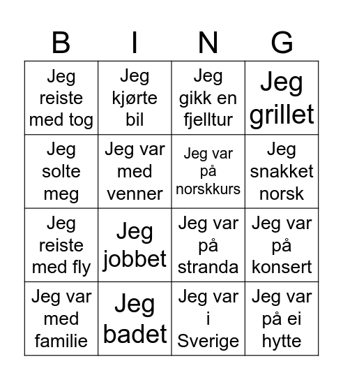 Hva gjorde du i sommer? Bingo Card