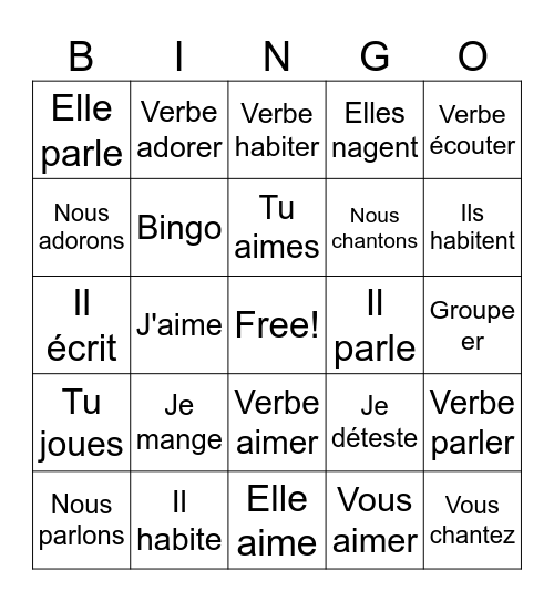 Verbes Du Premier Groupe Bingo Card