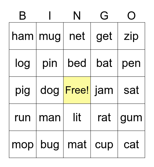 CVC Words Bingo Card