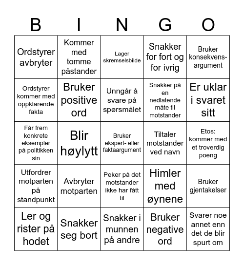 Retorikk Bingo Card