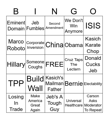 South Carolina GOP Debate Bingo Card