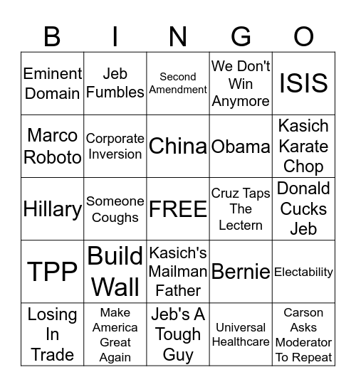 South Carolina GOP Debate Bingo Card