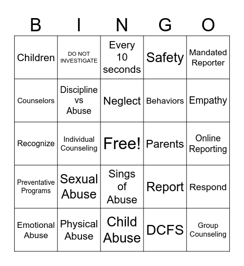 Child Abuse Bingo Card