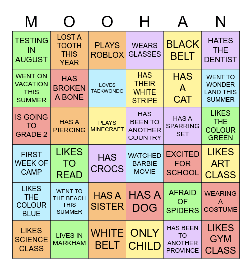 Moohan Bingo Card
