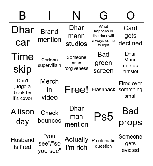 Dhar Mann video Bingo Card