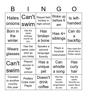 Getting to Know You BINGO Card