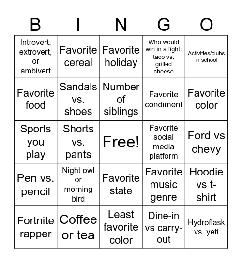 Personality Bingo Card