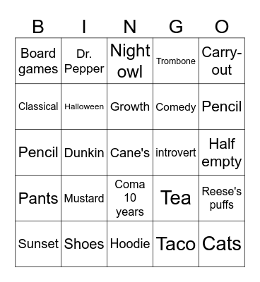 Personality Bingo Card