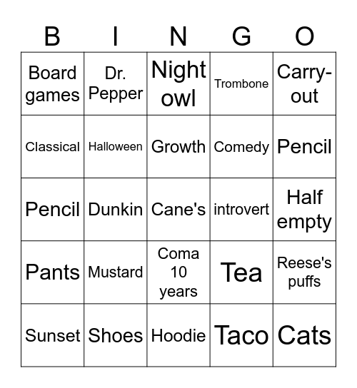 Personality Bingo Card